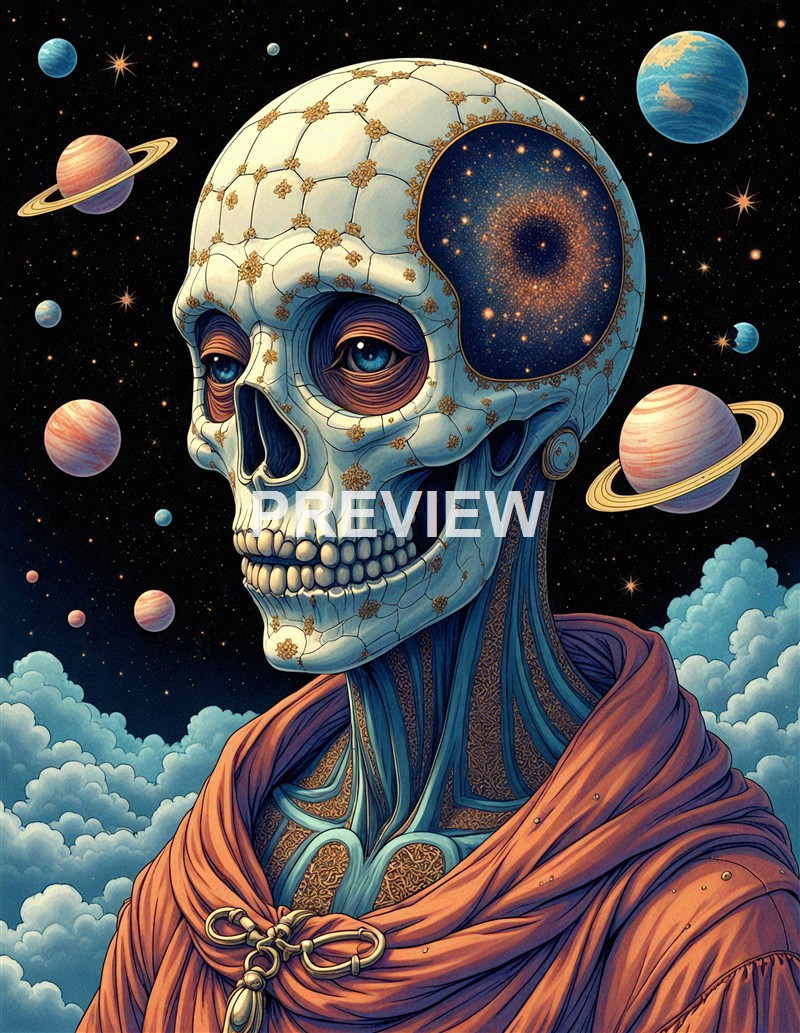 An artistic depiction of a human skull with intricate patterns and a galaxy inside the cranium, set against a cosmic background with planets and stars.